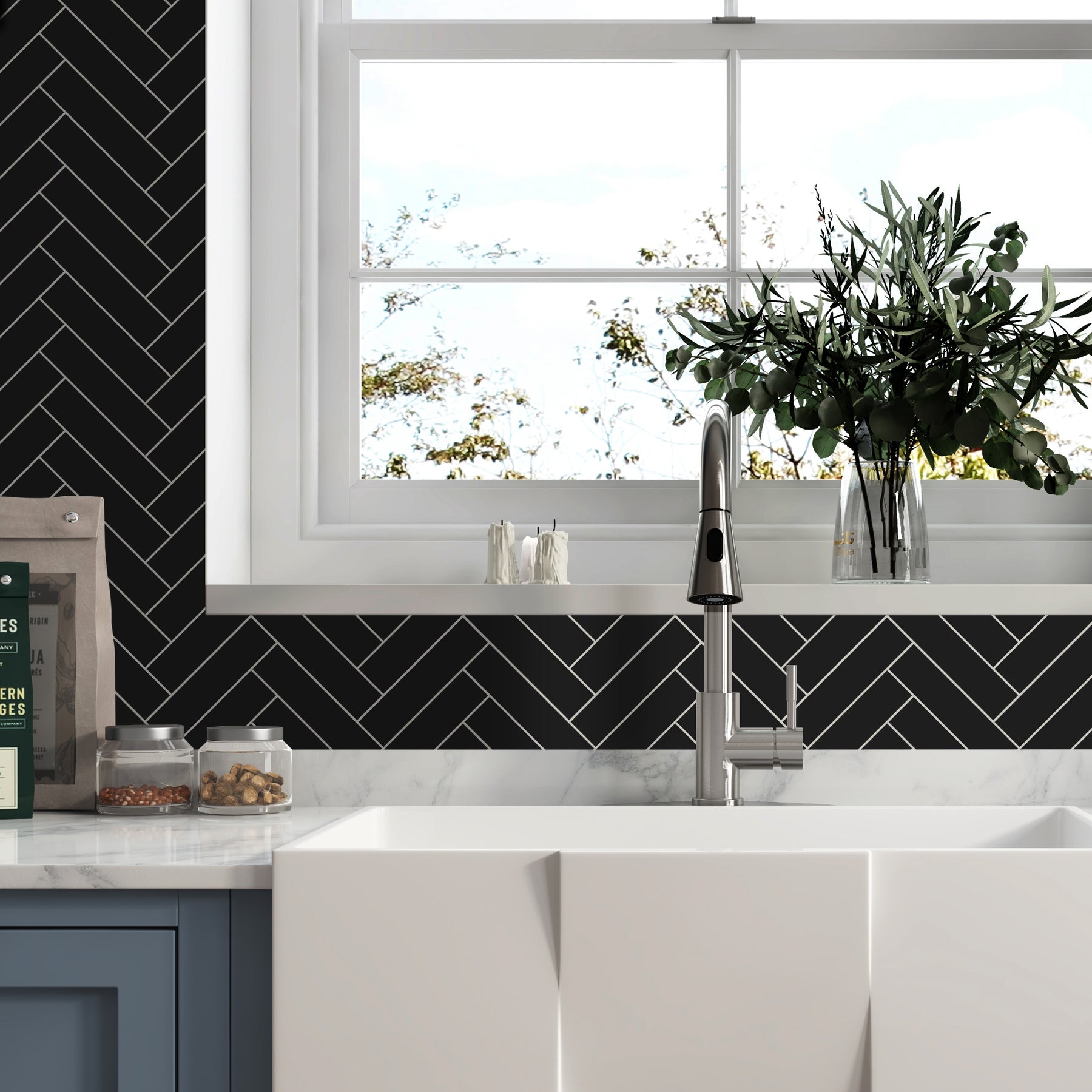 Herringbone Black Peel and Stick Backsplash Tile