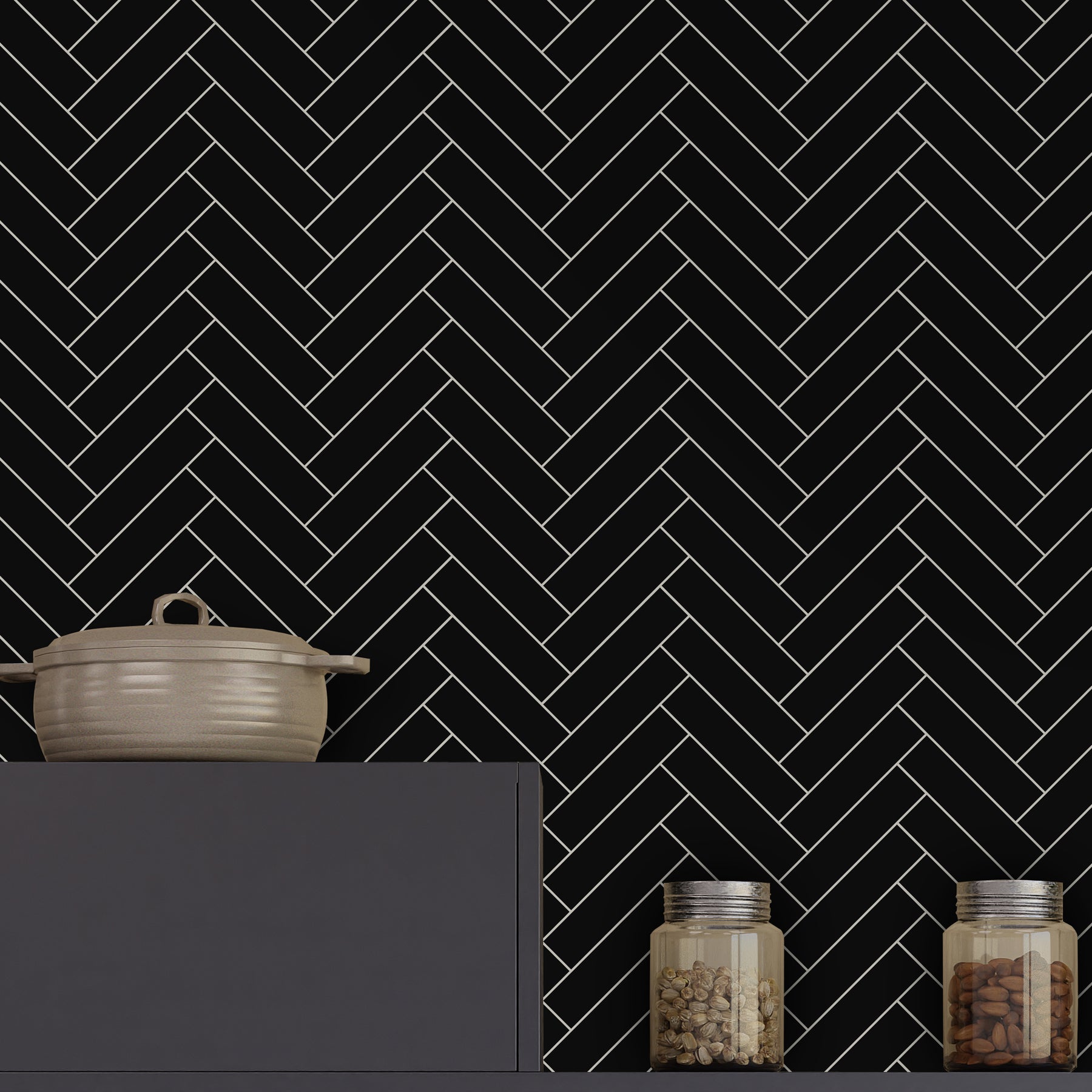 Herringbone Black Peel and Stick Backsplash Tile