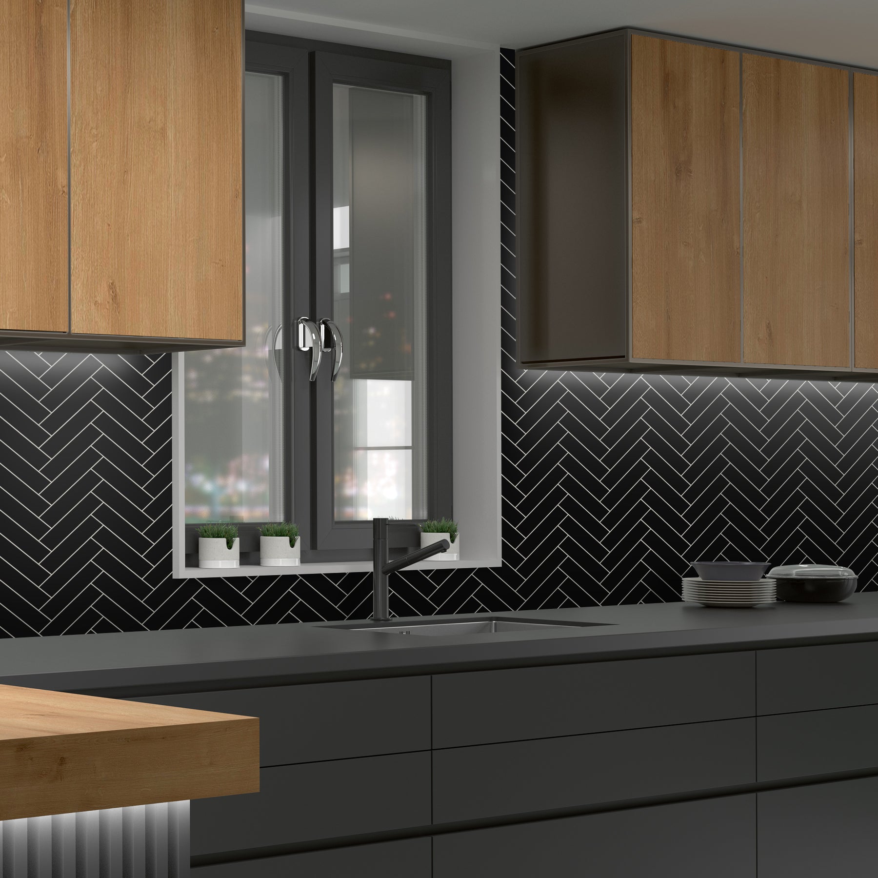 Herringbone Black Peel and Stick Backsplash Tile