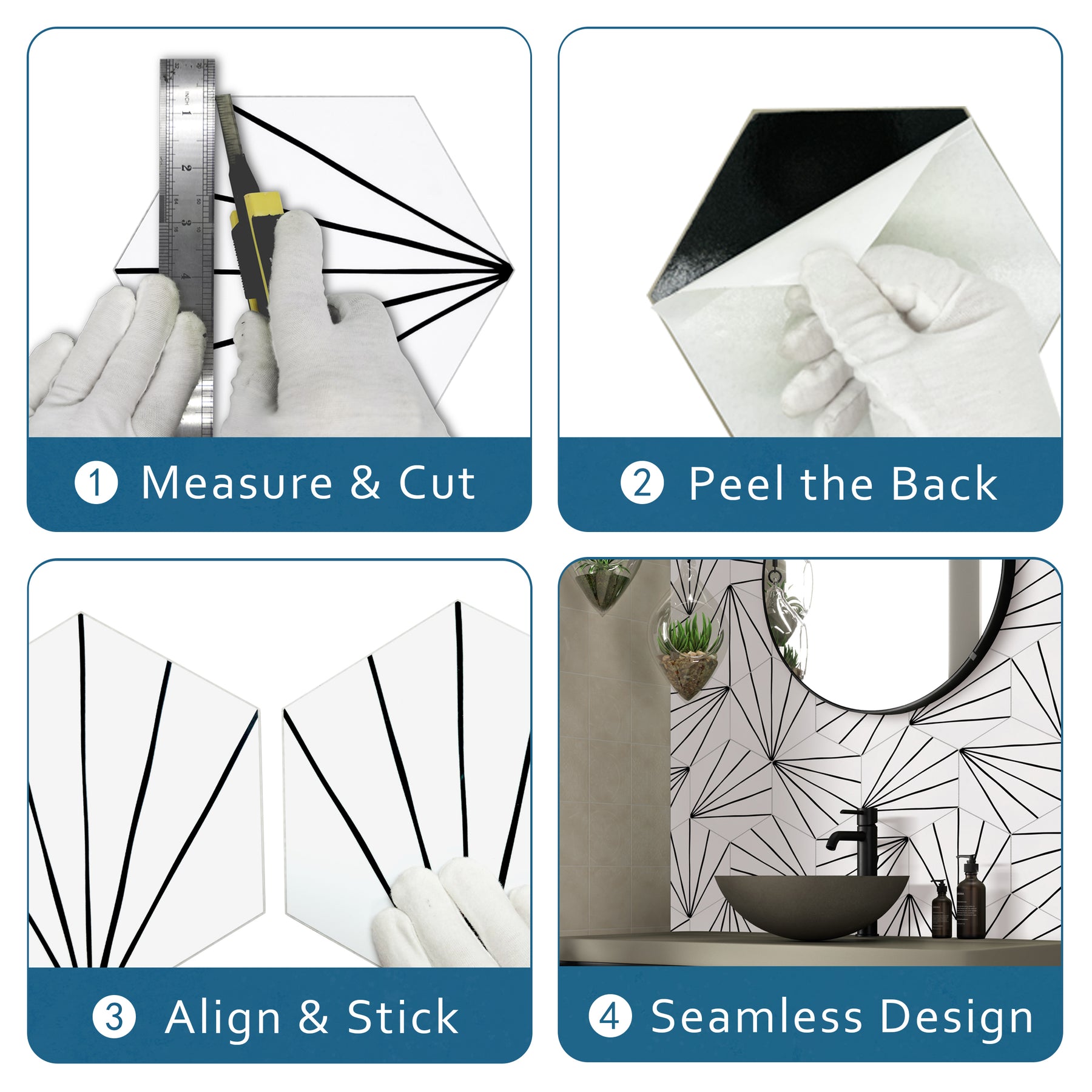 6x7'' Art Deco Hexagon White Peel and Stick Tile