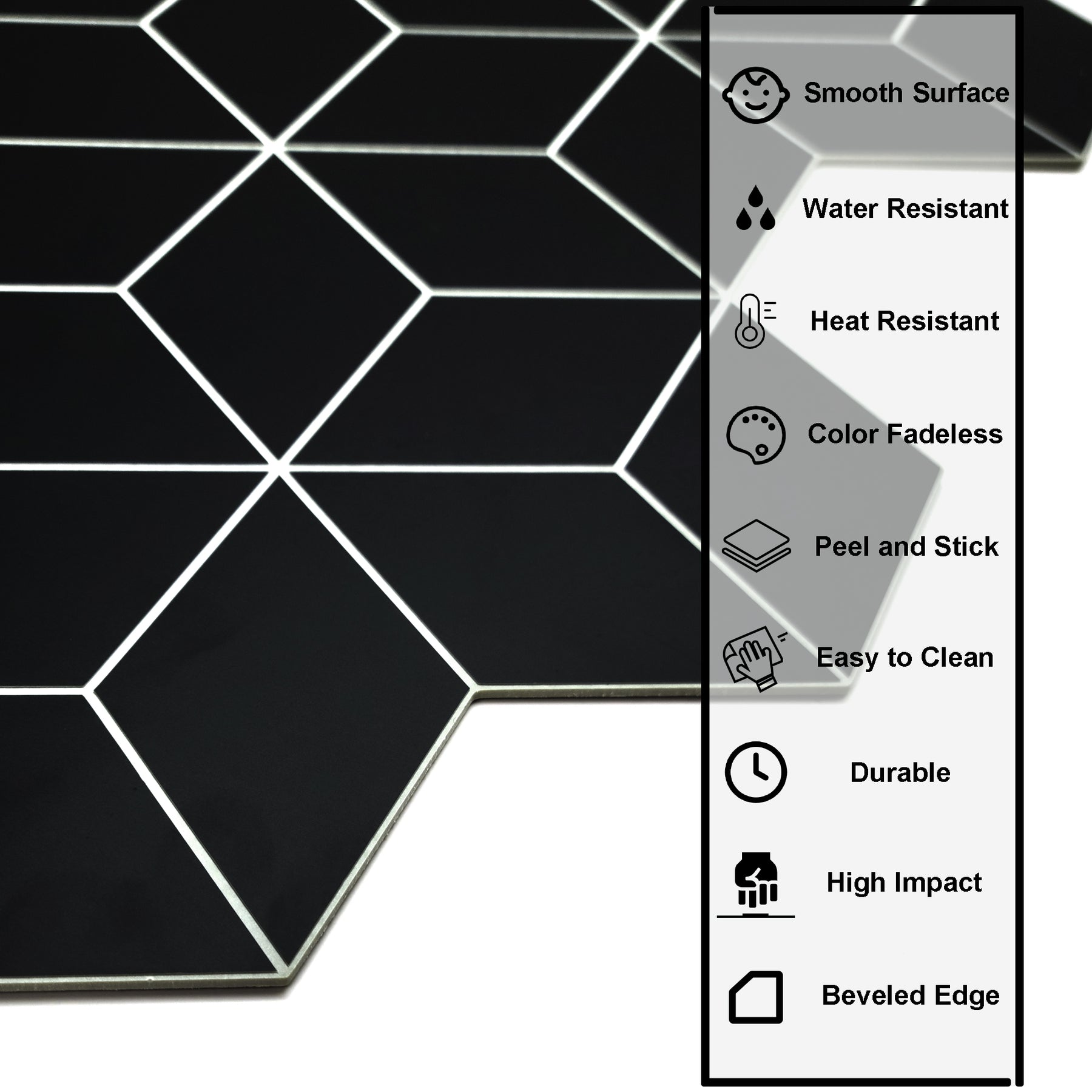 3D Cube Rhombus Black Peel and Stick Tile