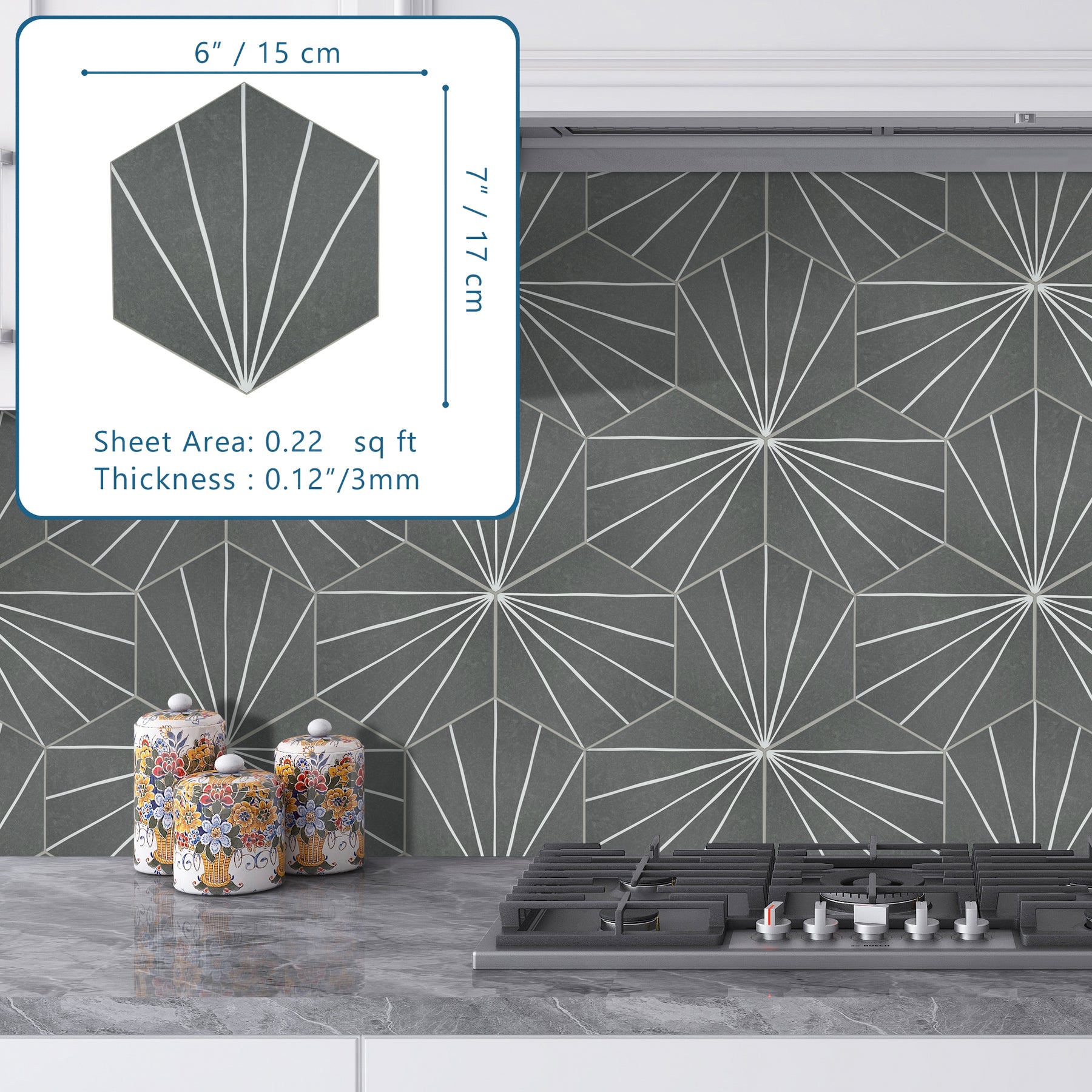 6X7´´ Art Deco Hexagon Grey Peel and Stick Tile