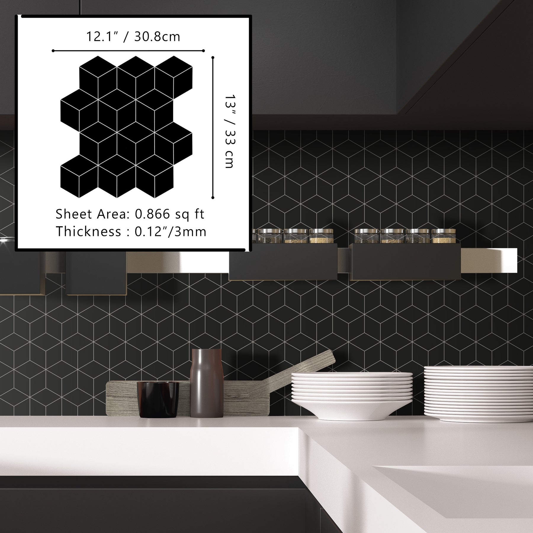 3D Cube Rhombus Black Peel and Stick Tile