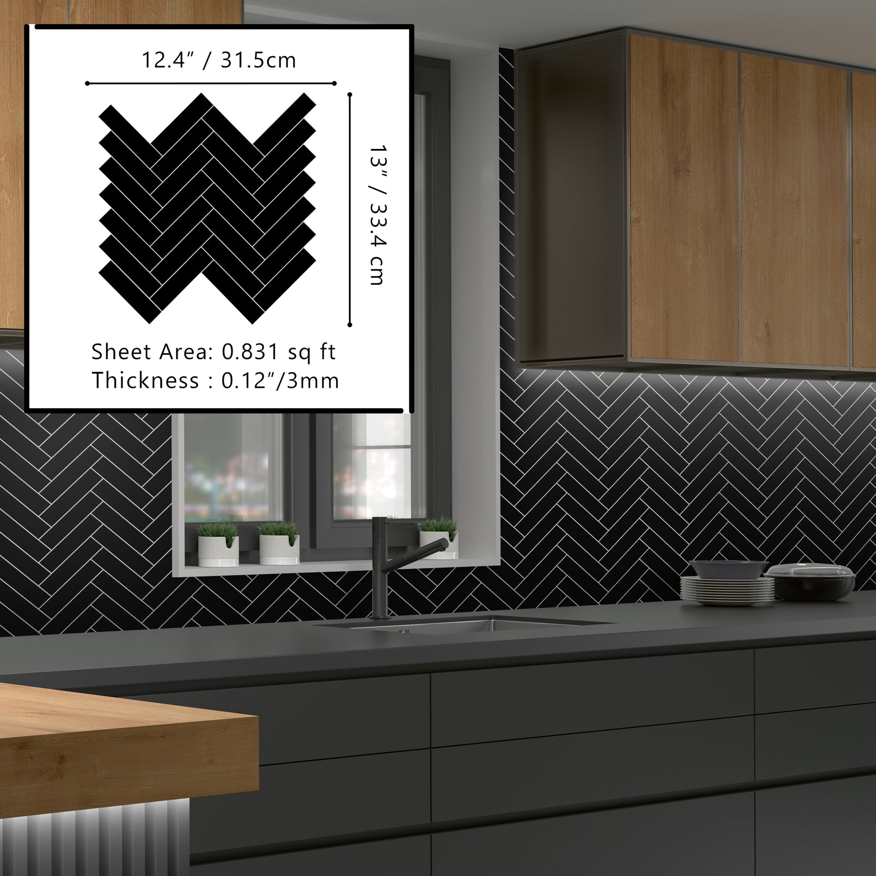 Herringbone Black Peel and Stick Backsplash Tile